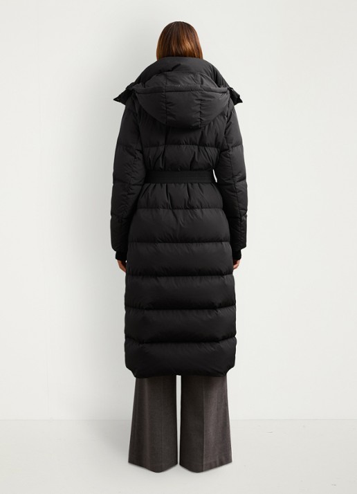 Reiss Colette longline puffer jas met ceintuur en capuchon - achterkant black / zwart