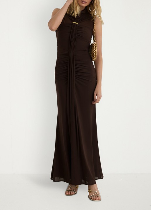 Reiss Colette maxi jurk met ruches - voorkant 4 chocoladebruin
