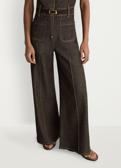 Reiss Danie wide fit jumpsuit van denim - detail chocoladebruin
