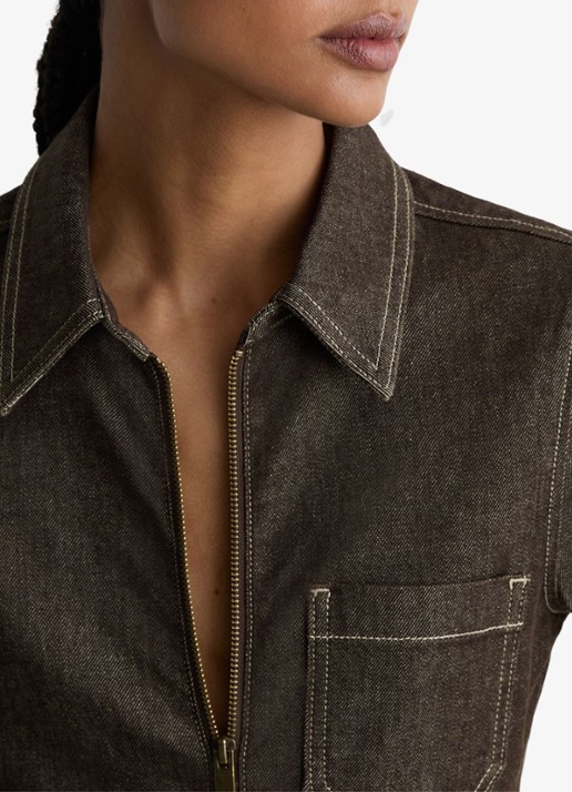 Reiss Danie wide fit jumpsuit van denim - detail 2 chocoladebruin