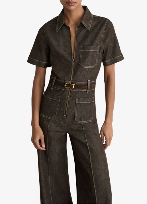 Reiss Danie wide fit jumpsuit van denim - detail 3 chocoladebruin
