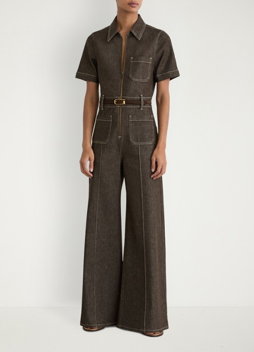Reiss Danie wide fit jumpsuit van denim - voorkant 7 chocoladebruin