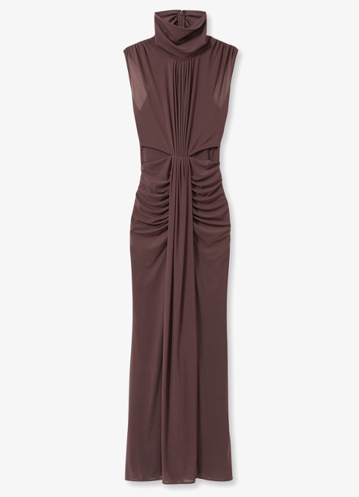 Reiss Daniella maxi jurk met halve col en plooidetail  - voorkant bruin