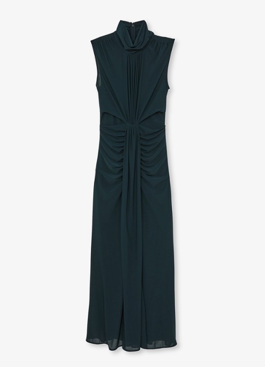 Reiss Daniella maxi jurk met halve col en plooidetail  - voorkant donkergroen
