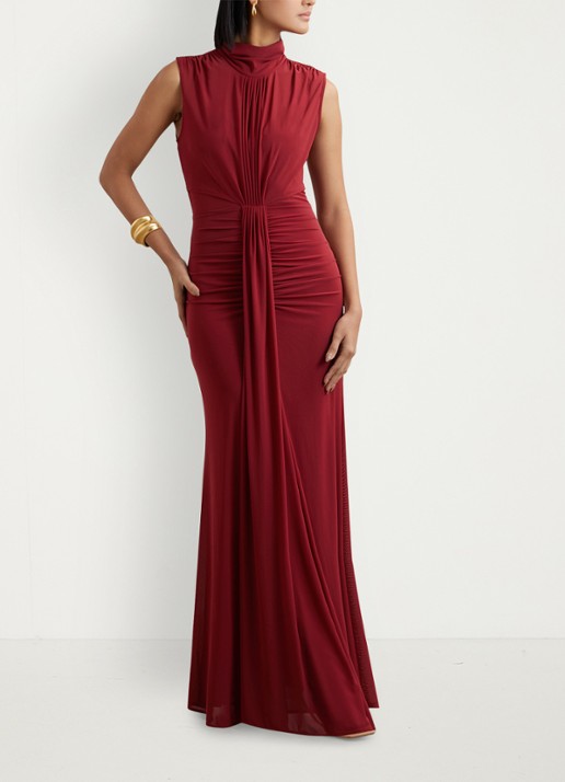Reiss Daniella maxi jurk met halve col en plooidetail  - detail 4 bordeauxrood
