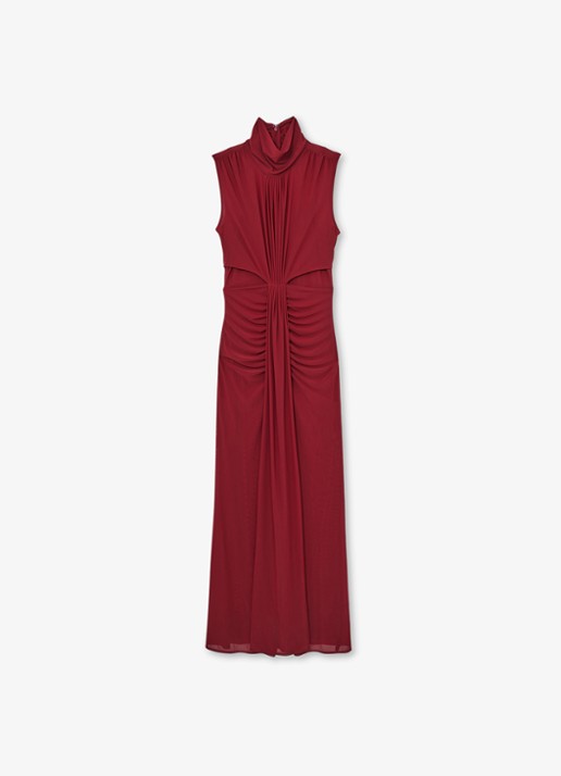 Reiss Daniella maxi jurk met halve col en plooidetail  - voorkant bordeauxrood