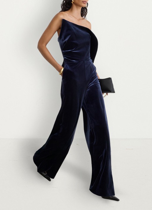 Reiss Dasha strapless wide leg jumpsuit van fluweel - detail 3 blauw