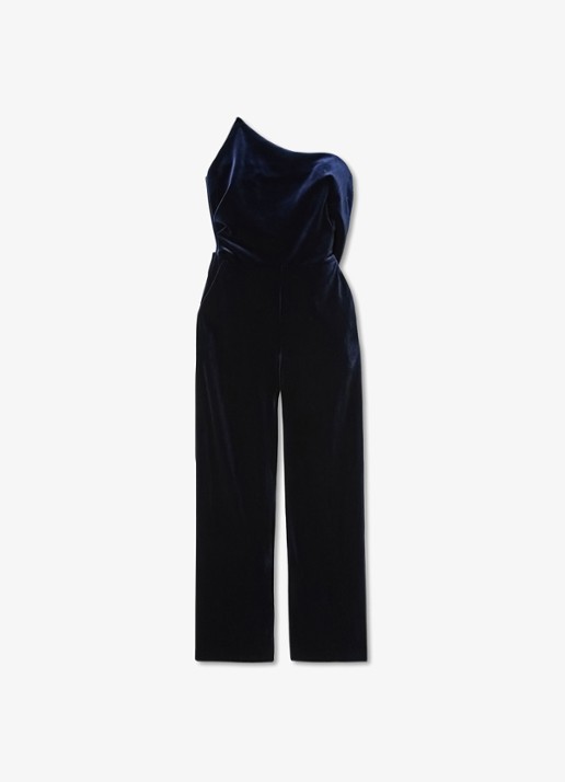 Reiss Dasha strapless wide leg jumpsuit van fluweel - voorkant 7 blauw