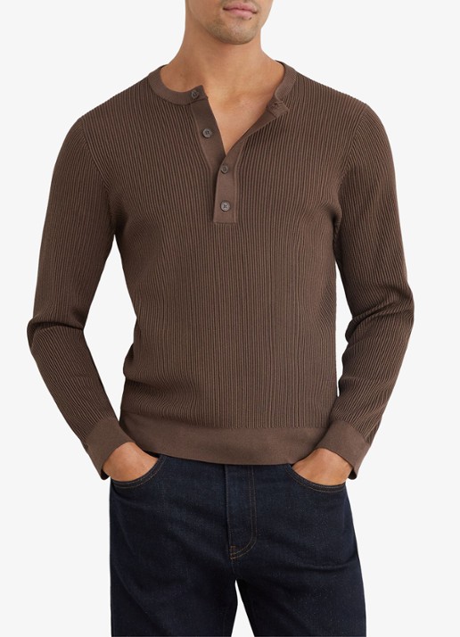 Reiss Declan longsleeve met ribstructuur - detail 4 chocoladebruin