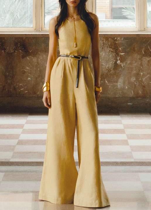Reiss Della wide fit jumpsuit van linnen met strikceintuur - voorkant 6 geel