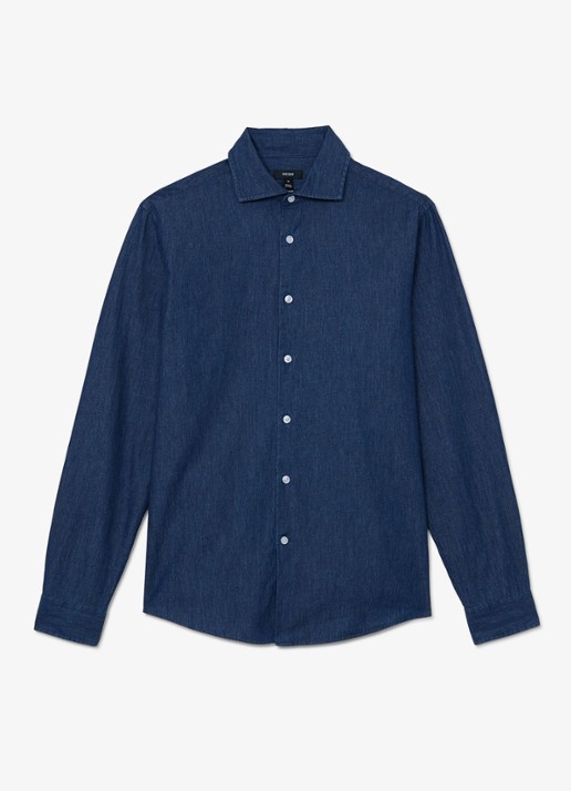Reiss Don slim fit overhemd van chambray - voorkant 2 dark blue wash / blauw
