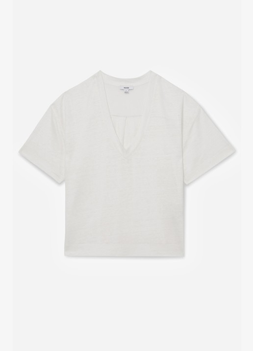 Reiss Ember T-shirt van linnen met V-hals - voorkant 2 wit