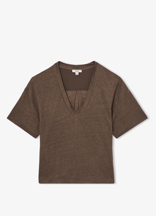 Reiss Ember T-shirt van linnen met V-hals - voorkant 4 lichtbruin