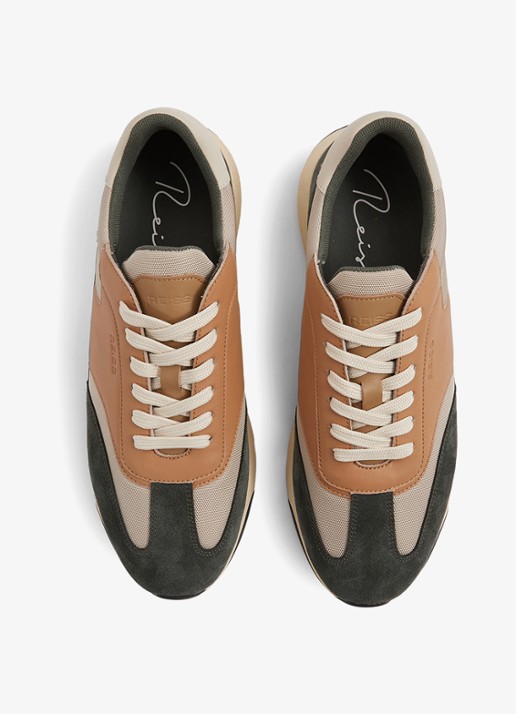 Reiss Emmett sneaker van mesh met suède en leren details - detail 5 bronsgroen