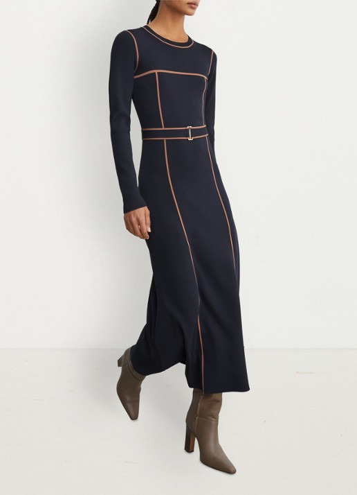 Reiss ETTA midi ribgebreide jurk met ceintuur - detail 3 donkerblauw