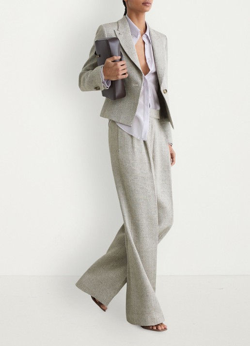 Reiss Ezra high waist straight fit pantalon met visgraat dessin - detail 3 neutral / beige