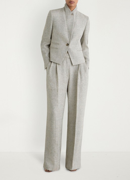 Reiss Ezra high waist straight fit pantalon met visgraat dessin - voorkant 6 neutral / beige