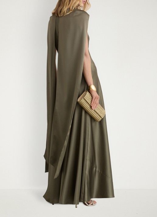 Reiss Fae maxi jurk van satijn met sjaalkraag - achterkant khaki