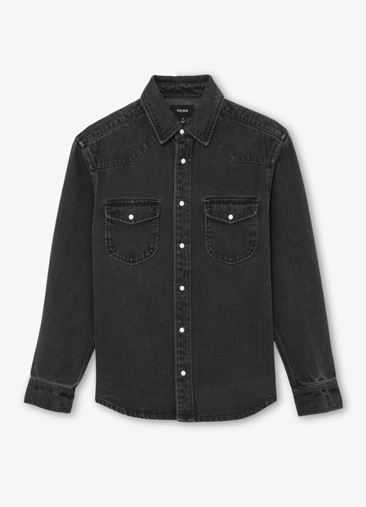 Reiss Finley overshirt van denim - voorkant donkergrijs