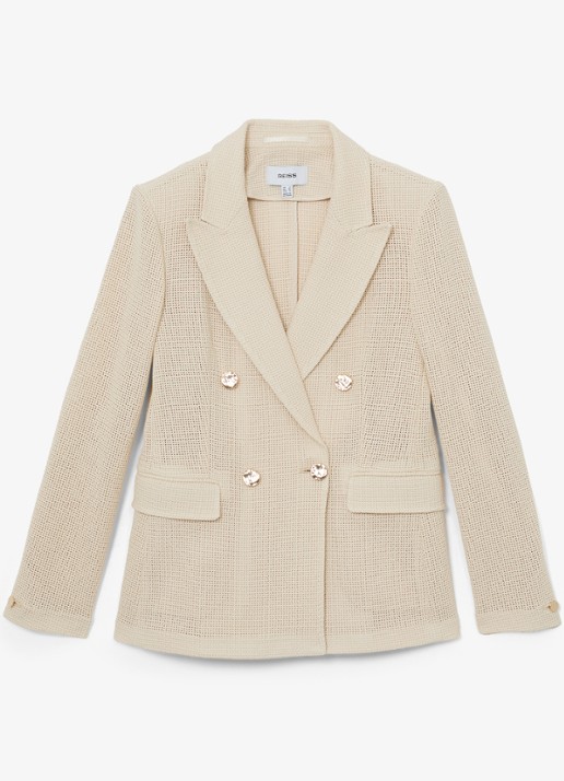 Reiss Fiore double-breasted blazer met opengewerkt dessiner - voorkant creme