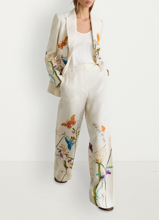 Reiss Frankie high waist wide fit pantalon met bloemenprint - voorkant 2 creme