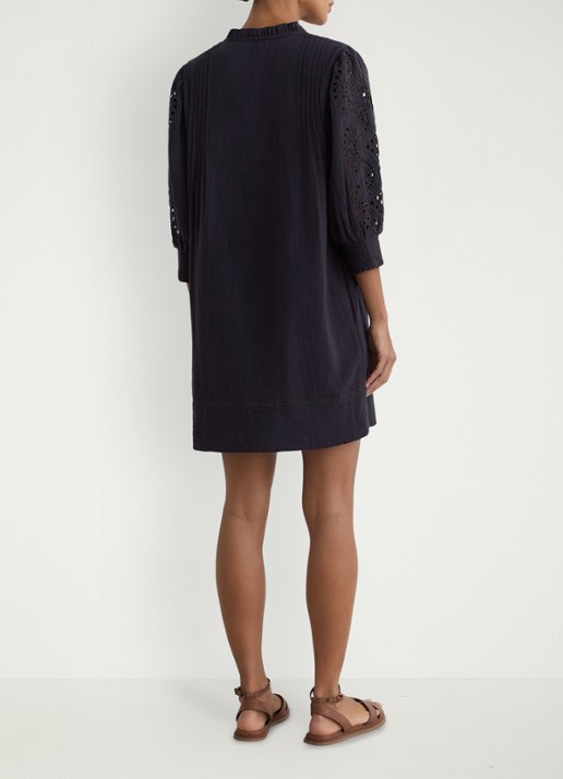 Reiss GIA Cotton Cheesecloth Broderie Mini Dress - achterkant 5 donkerblauw
