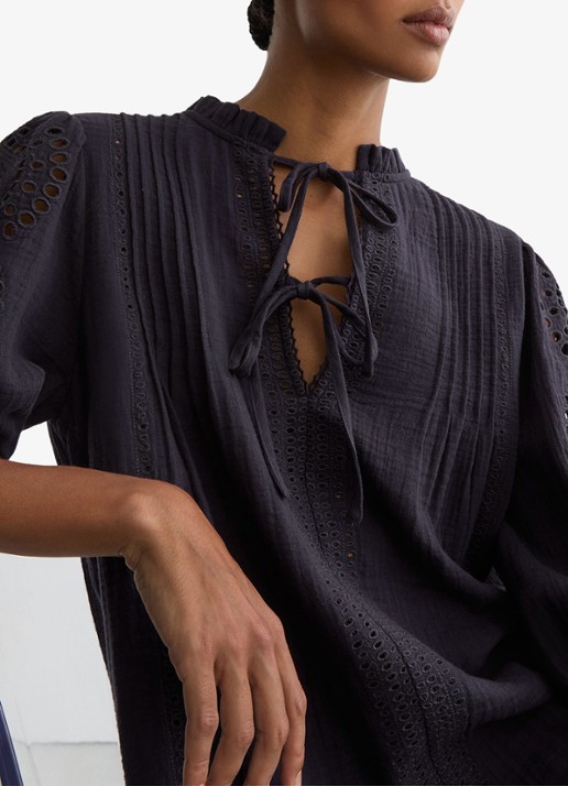 Reiss GIA Cotton Cheesecloth Broderie Mini Dress - detail 3 donkerblauw