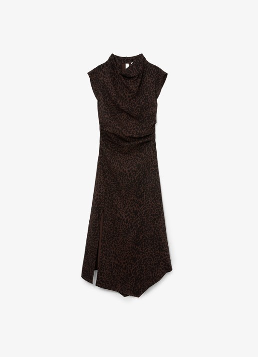 Reiss Harlie midi jurk met panterprint en split - voorkant 5 bruin