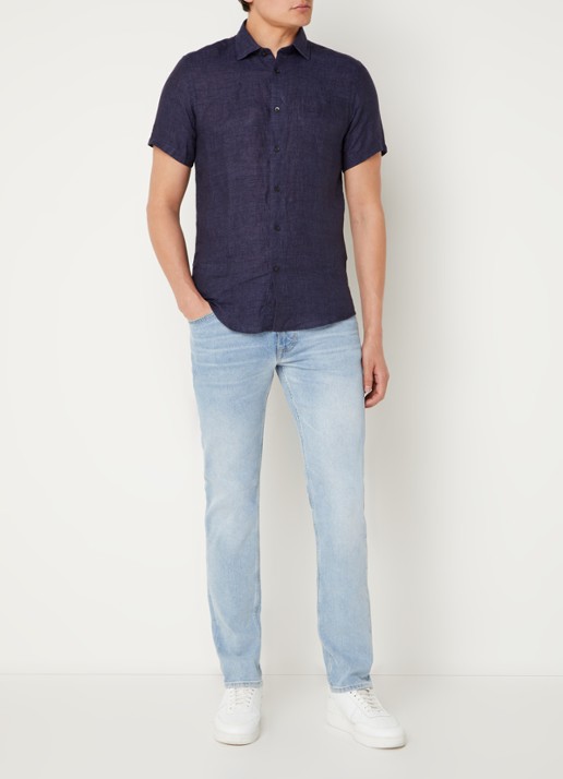 Reiss Holiday slim fit overhemd van linnen - voorkant 3 donkerblauw