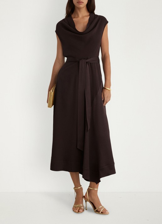 Reiss Justine midi jurk met strikceintuur - voorkant 7 aubergine