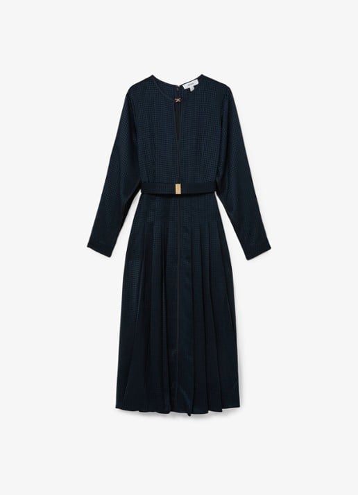 Reiss Kea midi jurk met ceintuur en plooidetail - voorkant 2 donkerblauw