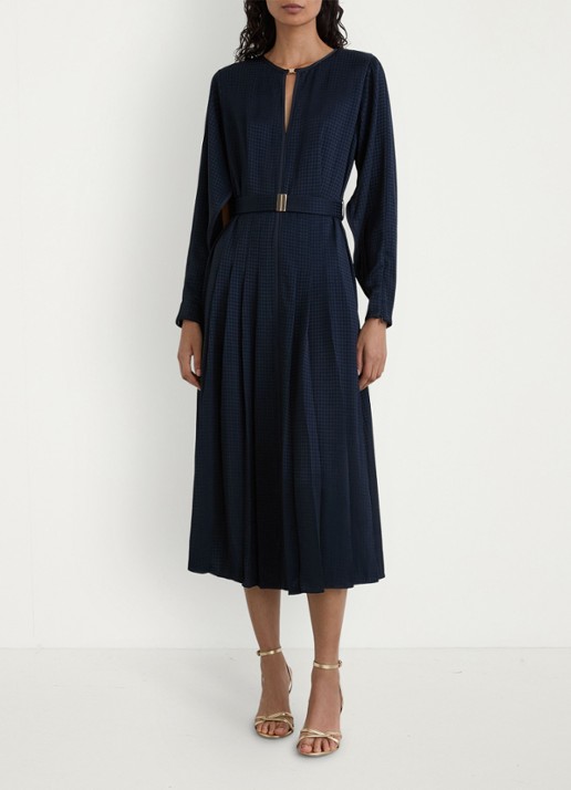 Reiss Kea midi jurk met ceintuur en plooidetail - voorkant 3 donkerblauw