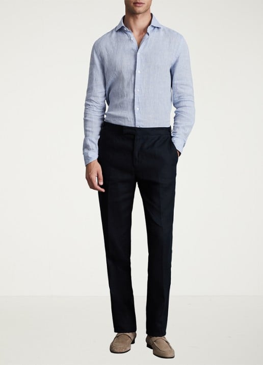 Reiss Kin slim fit pantalon van linnen met steekzakken - voorkant 2 donkerblauw