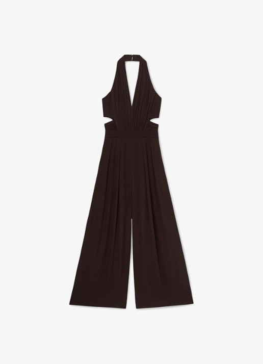 Reiss Lainey jumpsuit met plissé details - voorkant aubergine