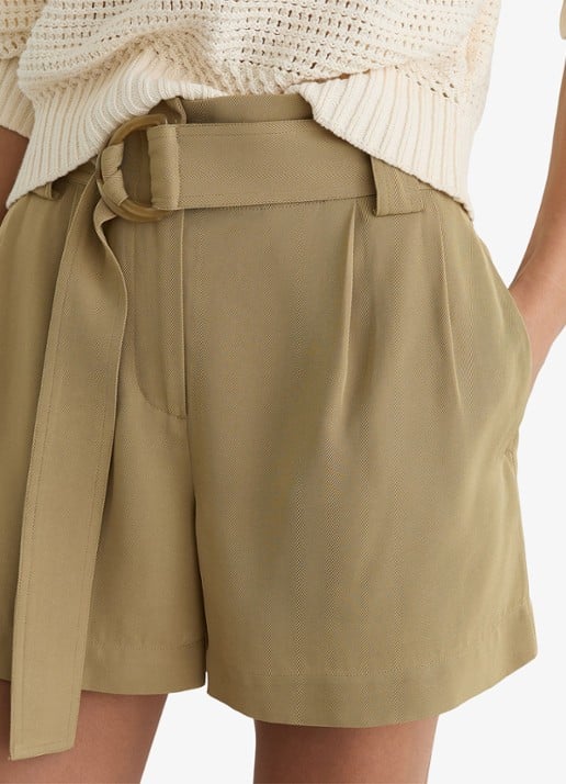 Reiss Lana high waist wide fit korte broek met ceintuur - detail 4 beige