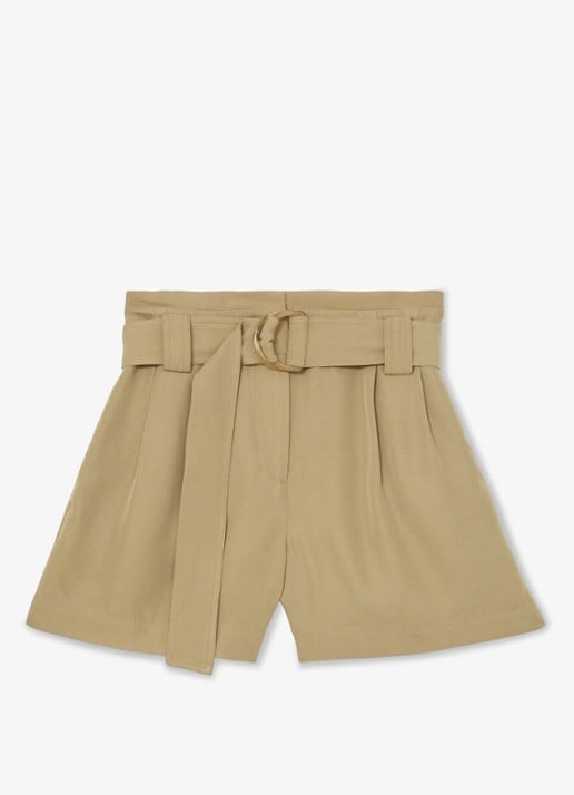 Reiss Lana high waist wide fit korte broek met ceintuur - voorkant beige
