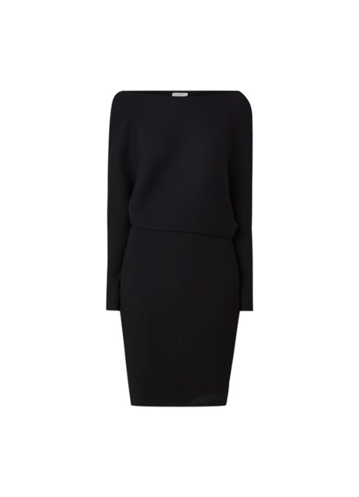 Reiss Lara off shoulder midi jurk met ribstructuur - voorkant zwart