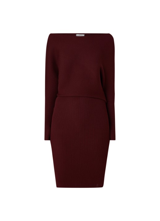 Reiss Lara off shoulder midi jurk met ribstructuur - voorkant 3 bordeauxrood