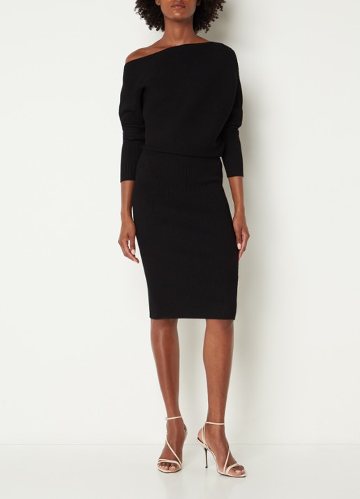 Reiss Lara ribgebreide midi trui-jurk met boothals  - voorkant 4 zwart