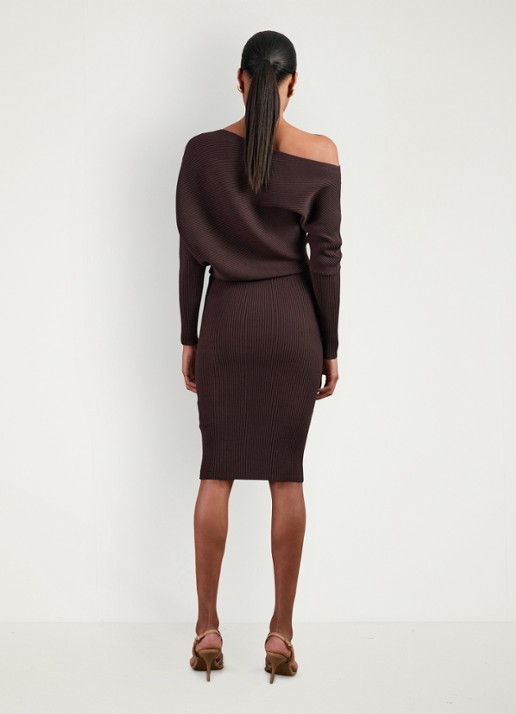 Reiss Lara ribgebreide one shoulder midi jurk - achterkant 4 donkerbruin