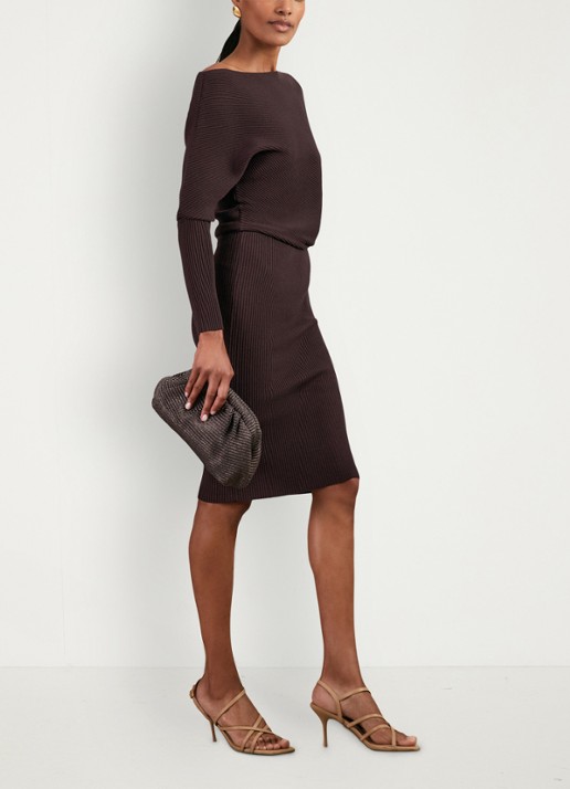 Reiss Lara ribgebreide one shoulder midi jurk - detail donkerbruin