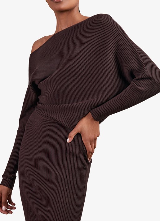Reiss Lara ribgebreide one shoulder midi jurk - detail 2 donkerbruin