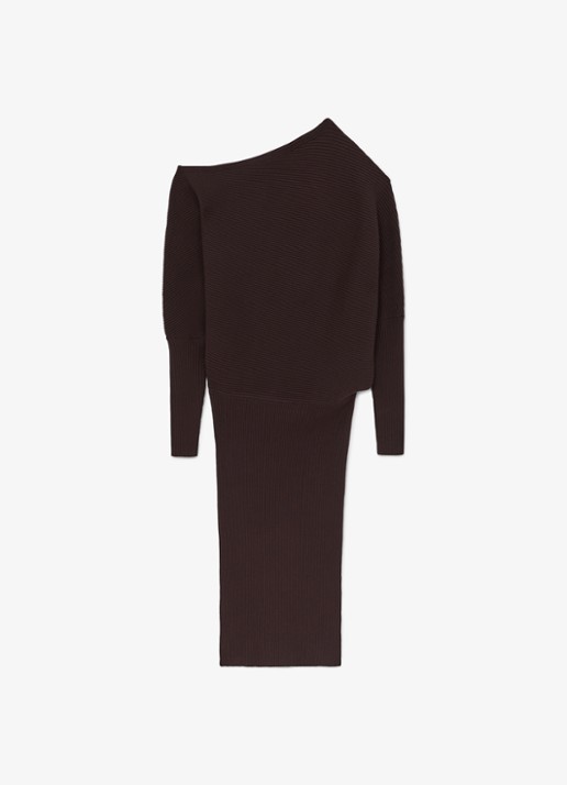 Reiss Lara ribgebreide one shoulder midi jurk - voorkant 5 donkerbruin
