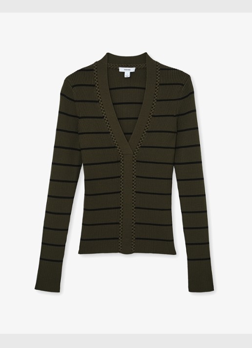 Reiss Lauralee ribgebreid trui met streepprint  - voorkant khaki