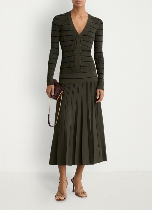 Reiss Lauralee ribgebreid trui met streepprint  - voorkant 2 khaki