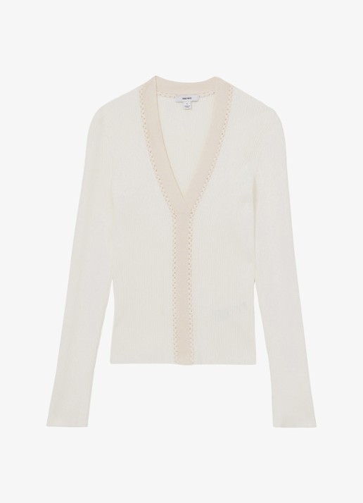 Reiss Lauri ribgebreide top met V-hals - voorkant 2 creme