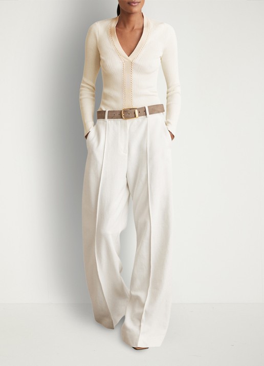 Reiss Lauri ribgebreide top met V-hals - voorkant 3 creme