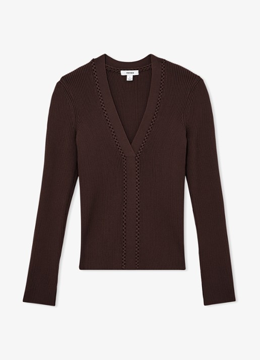 Reiss Lauri ribgebreide top met V-hals - voorkant donkerbruin