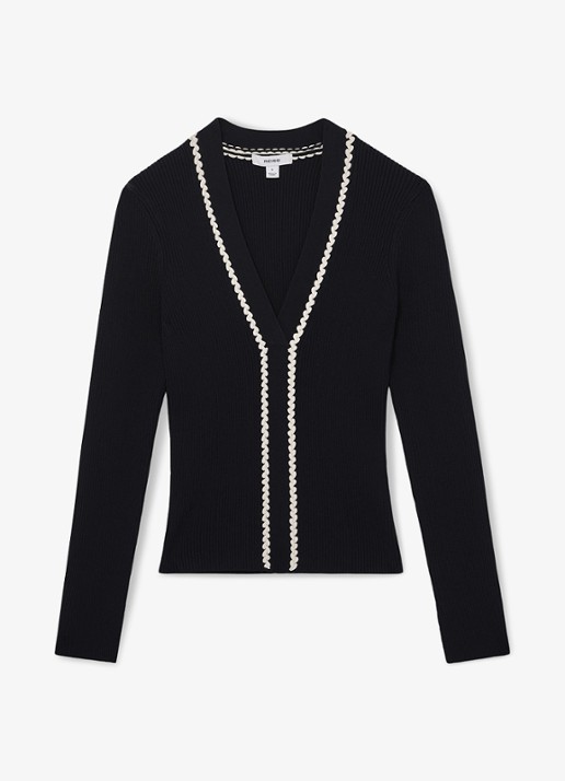 Reiss Lauri ribgebreide top met V-hals - voorkant donkerblauw