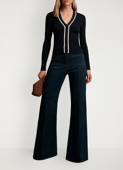 Reiss Lauri ribgebreide top met V-hals - voorkant 2 donkerblauw